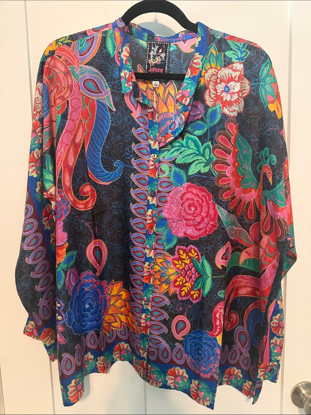 Johnny Was Audrey Blouse Multicolor Floral Paisley Peacock Button-Down Shirt